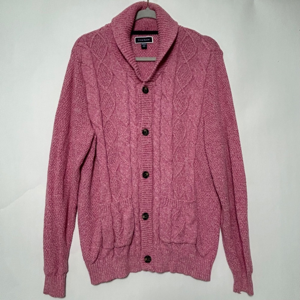 Club Room Cardigan Womens M Pink Cable Knit Shawl Collar Cotton Preppy‎ Spring